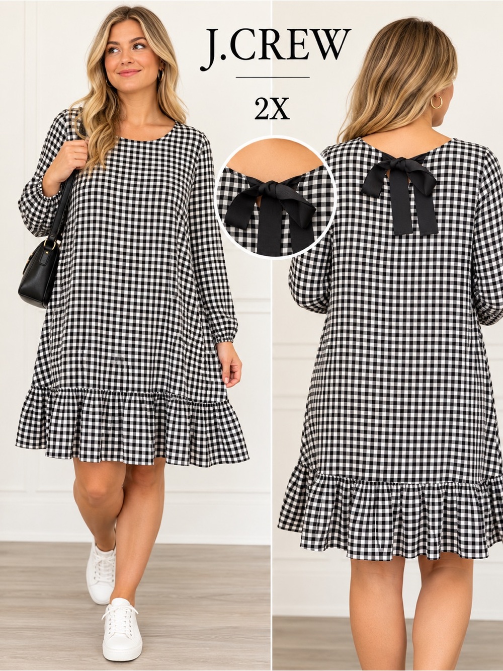 J. Crew Black & White Gingham Bow Back Ruffle Hem Dress 2X